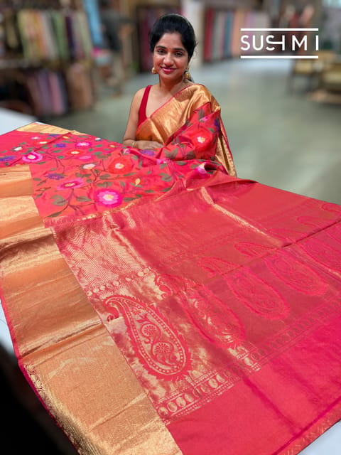 Orangish Pink Kanchi Soft Silk Saree with Embroidery