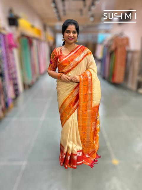 Beige Gadwal Silk Saree with Paithani Border