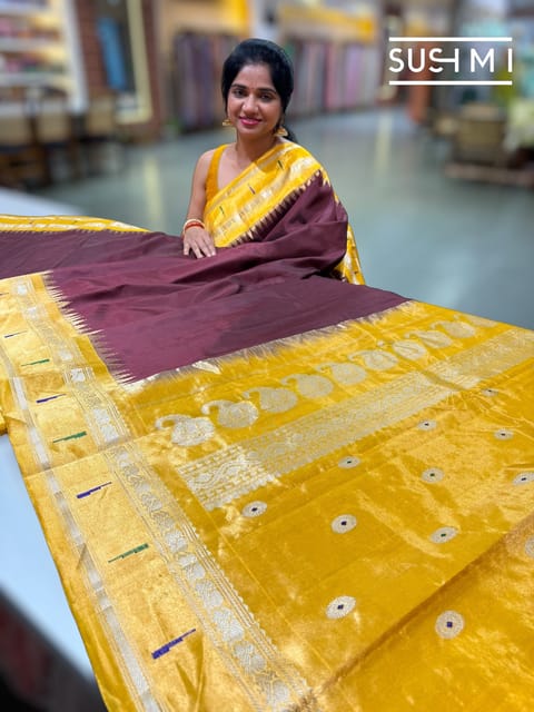 Brown Gadwal Saree with Paithani Tissue Border