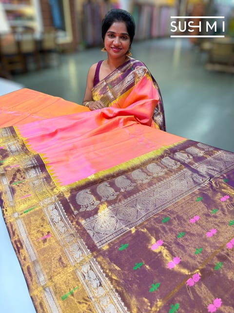 Peach Pink Gadwal Paithani Saree : S62f184