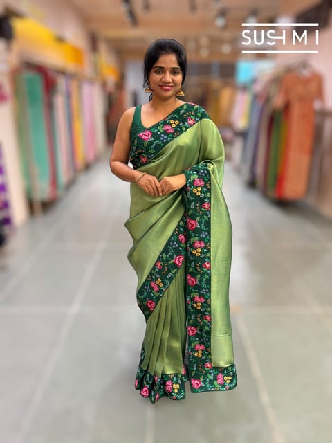 Bottle Green Banarasi Tissue Saree with Petit Point Border