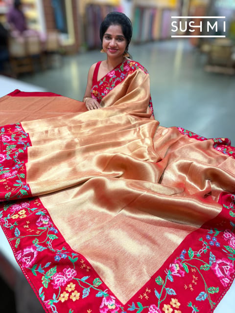 Red Banarasi Tissue Saree with Petite Point Embroidery