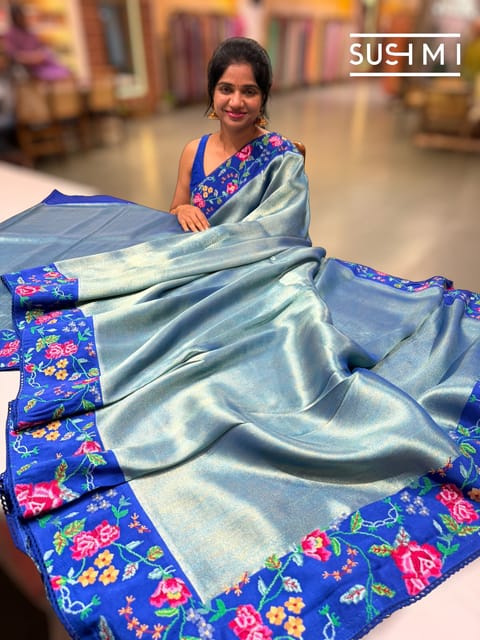 Royal Blue Banarasi Tissue Saree with Petit Point Embroidery
