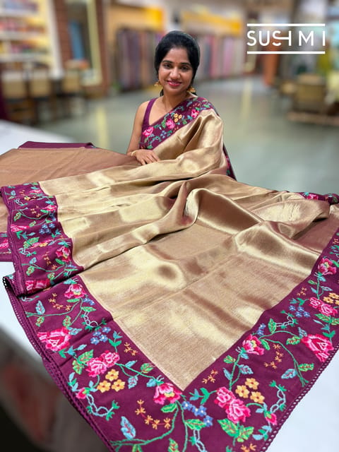 Wine Banarasi Tissue with Petite Point Embroidery: S62f190