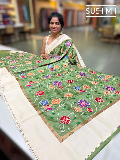 Green Pure Tussar Saree with Patola Inspired Embroidery