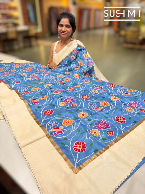 Cobalt Blue Pure Tussar Saree with Patola Inspired Embroidery