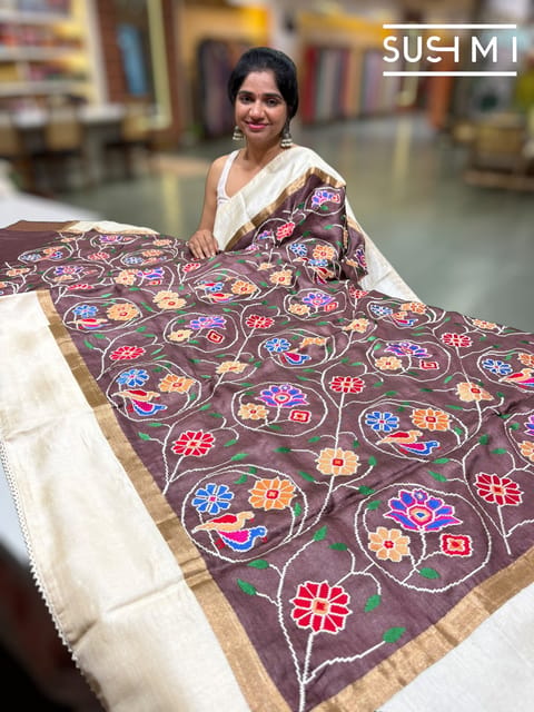 Brown Pure Tussar Saree with Patola Inspired Embroidery