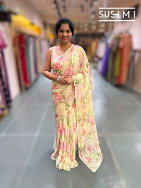 Pastel Yellow Printed Georgette Saree with Handwork