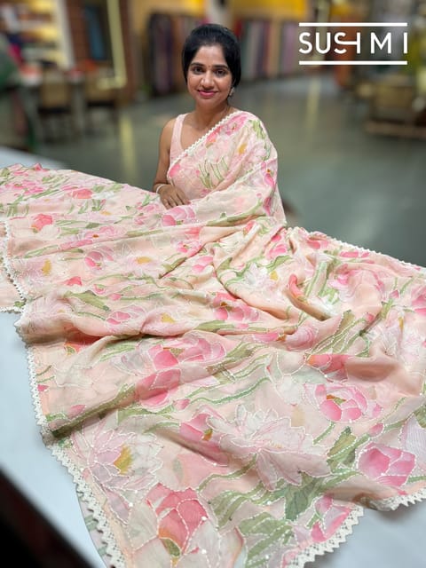 Peach Pink Pichwai Printed Georgette Saree