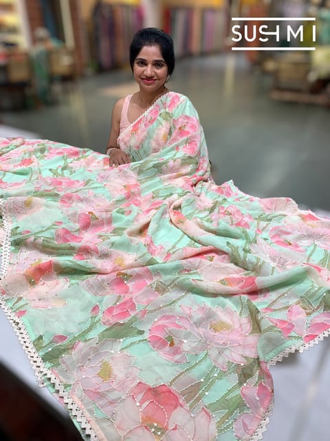 Sea Green Pichwai Printed Georgette Saree
