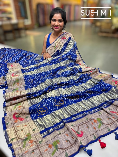 Royal Blue Bandhej Saree with Embroidery