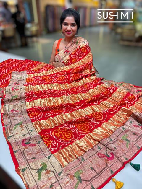 Orange Gajji Silk Bandhej Saree with Embroidered Border