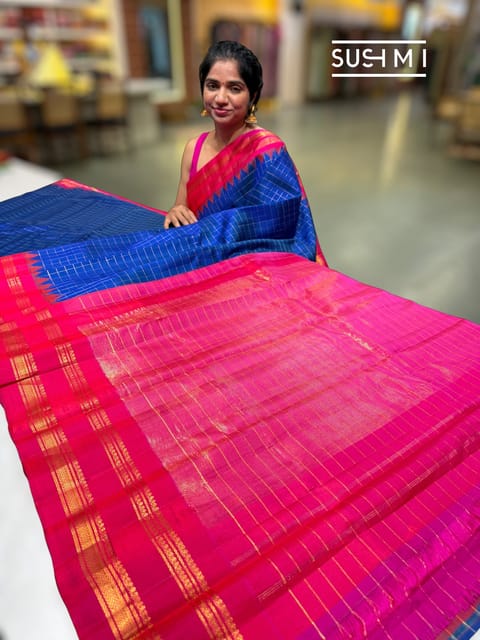 Royal Blue Vintage Gadwal Silk Saree with Temple Border