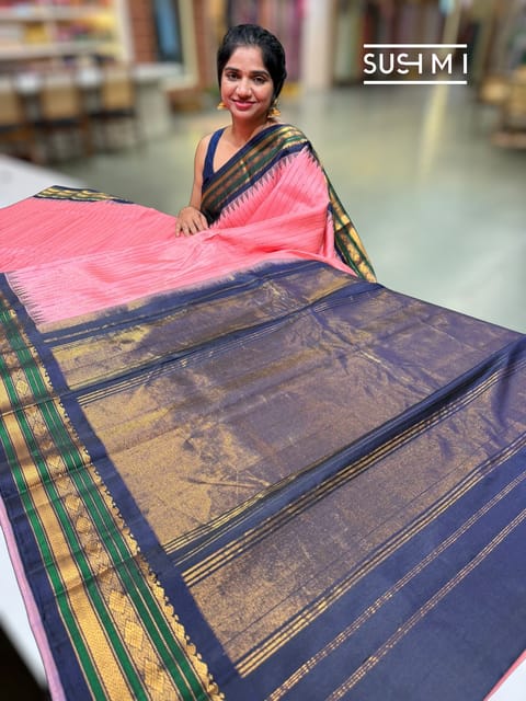 Salmon Pink Gadwal Silk Saree with Temple Border