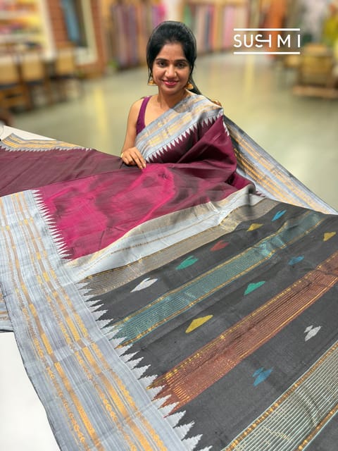 Wine Brown Vintage Gadwal Silk Saree with Temple Border