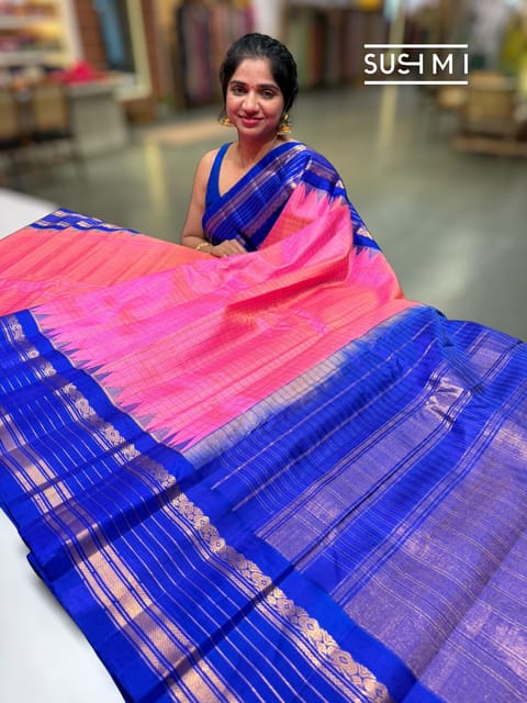 Neon Pink Gadwal Silk Saree with Temple Border