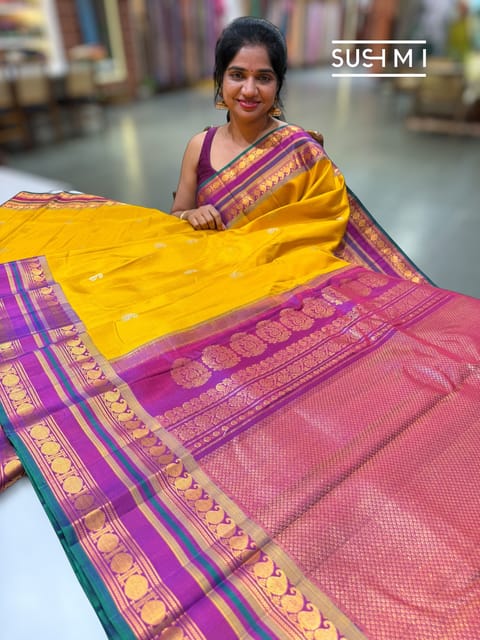 Yellow Vintage Gadwal Silk Saree with Paisley Motifs