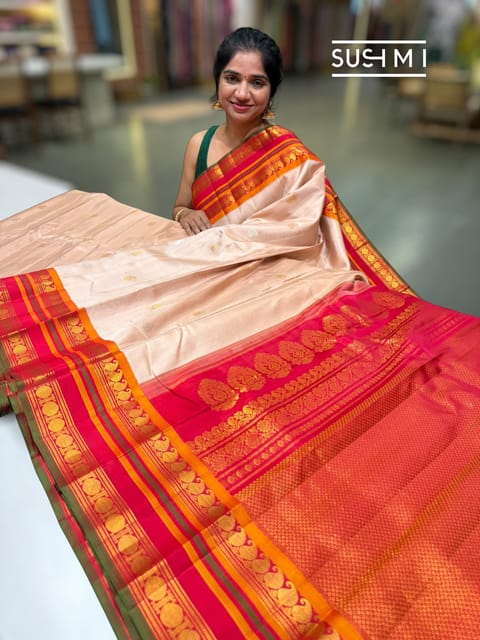 Nude Vintage Gadwal Silk Saree with Mango Motifs