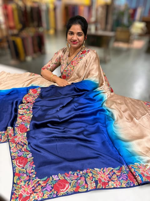 Chickoo & Electric Blue Pure Satin Ombre Dyed Saree with Petite Point Embroidered Border and Blouse