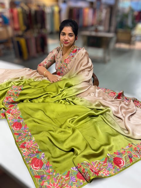 Chickoo & Mustard Pure Satin Ombre Dyed Saree with Petite Point Embroidered Border and Blouse