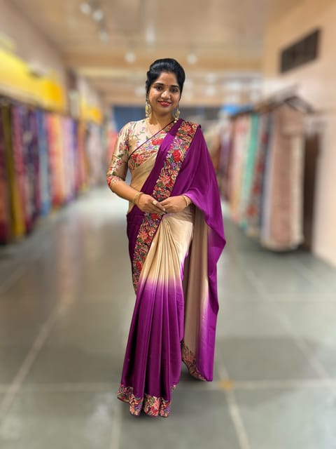 Pure Satin Ombre Dyed Saree with Petite Point Embroidered Border and Blouse