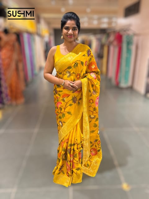 Sunflower Yellow Banaras Mashru Silk with Embroidery