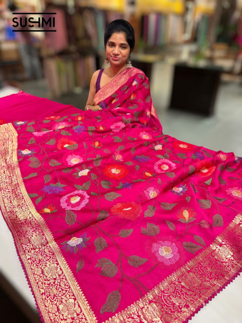 Dark Pink Banaras Mashru Silk with Embroidery