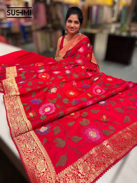 Chilli Red Banaras Mashru Silk with Embroidery