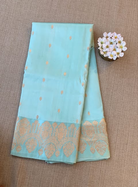 Pastel Blue Poona Silk Saree with Heavy Weaving Open Mashru Border