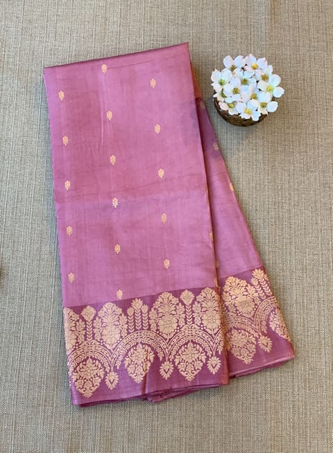 Onion Pink Poona Silk Saree with Heavy Weaving Open Mashru Border