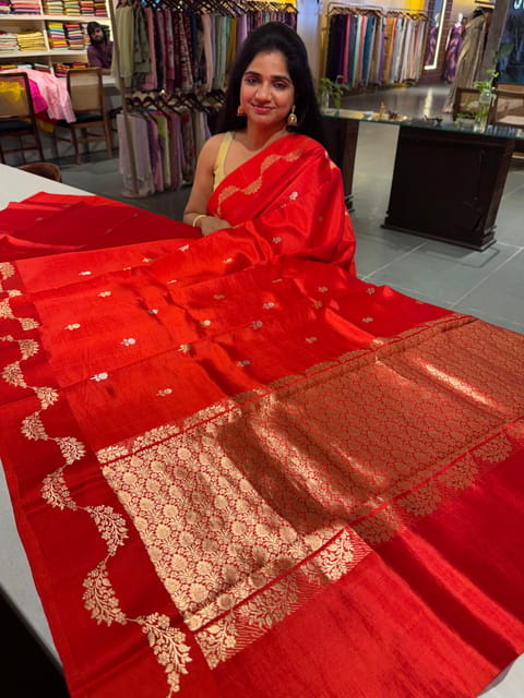 Reddish Orange Poona Silk Saree