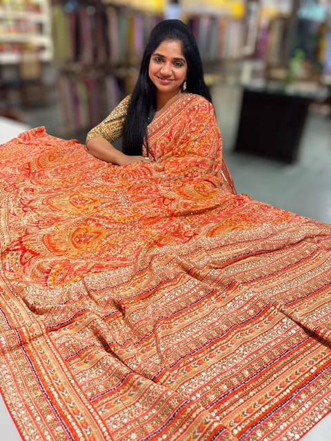 Orange Designer Printed Crepe Silk Saree