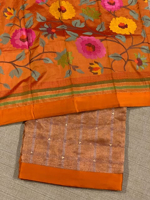 Orange Tissue Saree with Kanchi Silk Embroidered Blouse