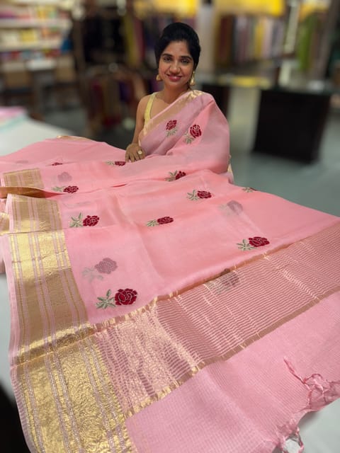 Peach Pink Silk Kota Saree with Embroidery