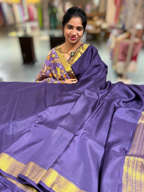 Violet Vintage Kanjeevaram Silk Saree with Pen Kalamkari Blouse