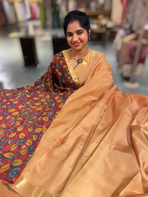 Sandalwood Vintage Kanjeevaram Silk Saree with Pen Kalamkari Blouse