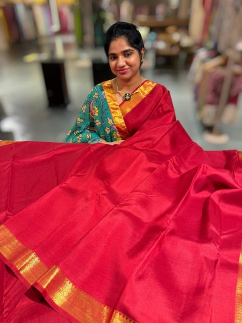 Maroon Red Vintage Kanjeevaram Silk Saree with Pen Kalamkari Blouse
