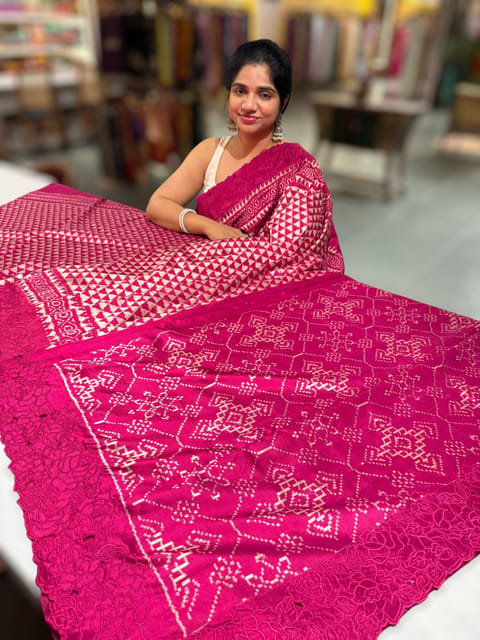 Ruby Pink Cambodian–inspired Ikat Silk Saree with Cutwork Rose Border