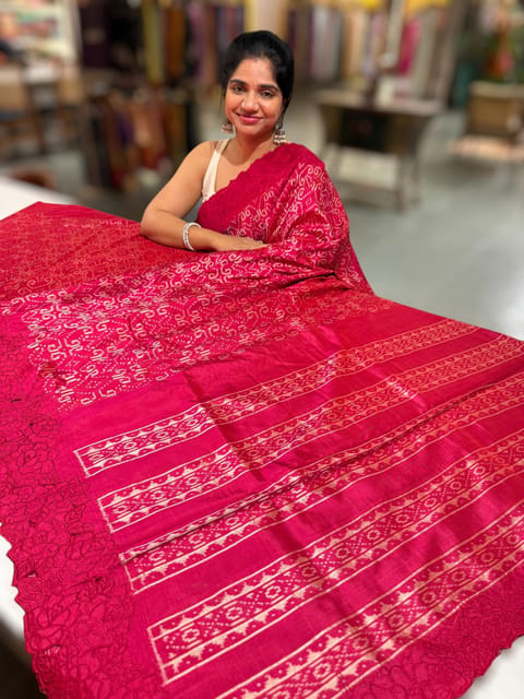 Reddish Pink Cambodian–inspired Ikat Silk Saree with Cutwork Rose Border