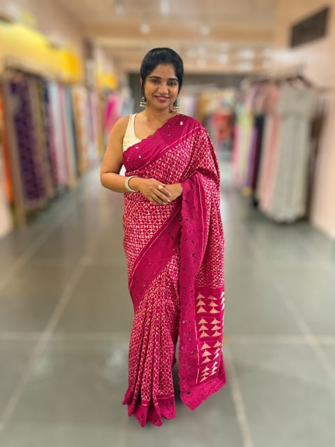 Beetroot Pink Cambodian–inspired Ikat Silk Saree with Cutwork Rose Border