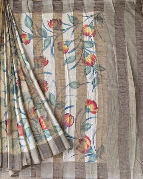 Mul Silk Handpainted Saree with Tissue Stripes