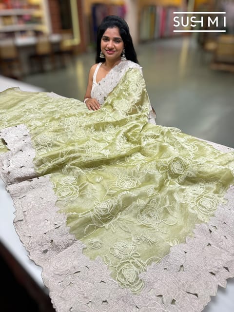 Apple Green Tissue Saree with Embroidery