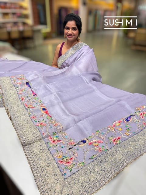Lilac Organza Banarasi Saree with Bird Appliqué