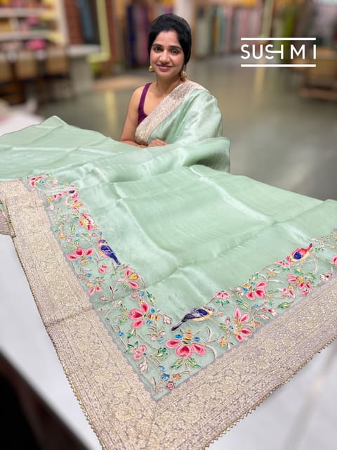 Mint Organza Banarasi Saree with Bird Appliqué