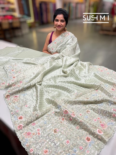 Mint Mul Tissue Saree with Handcrafted Floral Border
