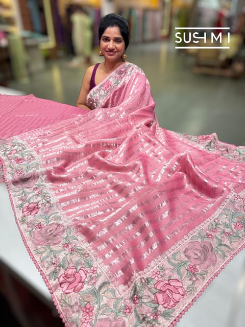 Coral Pink Mul Tissue Saree with Embroidery