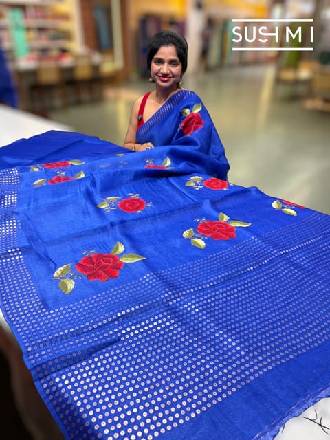 Royal Blue Muslin Saree with Pocket Sequins and Hibiscus Embroidery