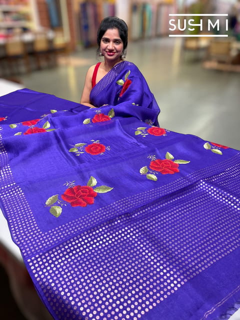 Purple Muslin Saree with Pocket Sequins & Hibiscus Embroidery