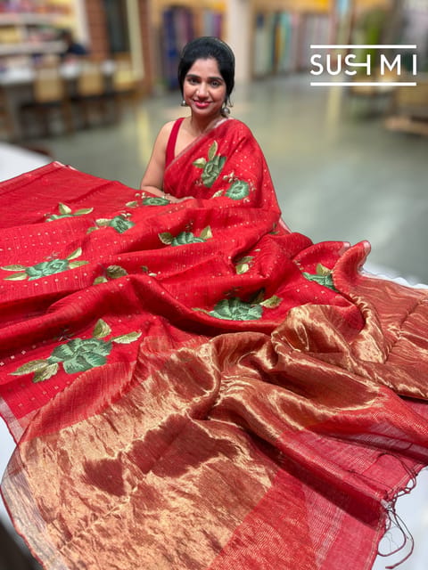 Red Muslin Tissue Stripes Saree with Hibiscus Embroidery
