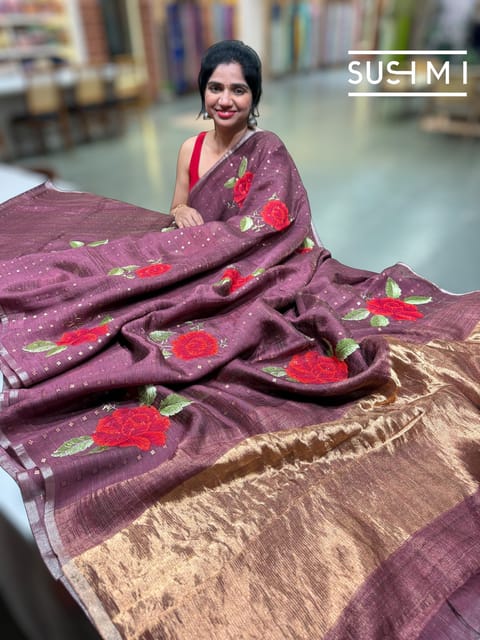 Wine Brown Muslin Tissue Stripes Saree with Hibiscus Embroidery